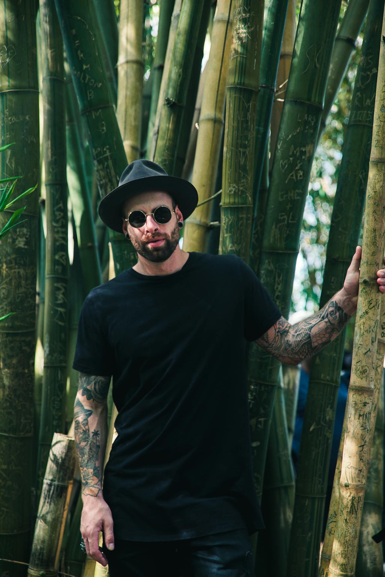 Man Holding Bamboo Plant Wearing Sunglasses and Fedora Hat